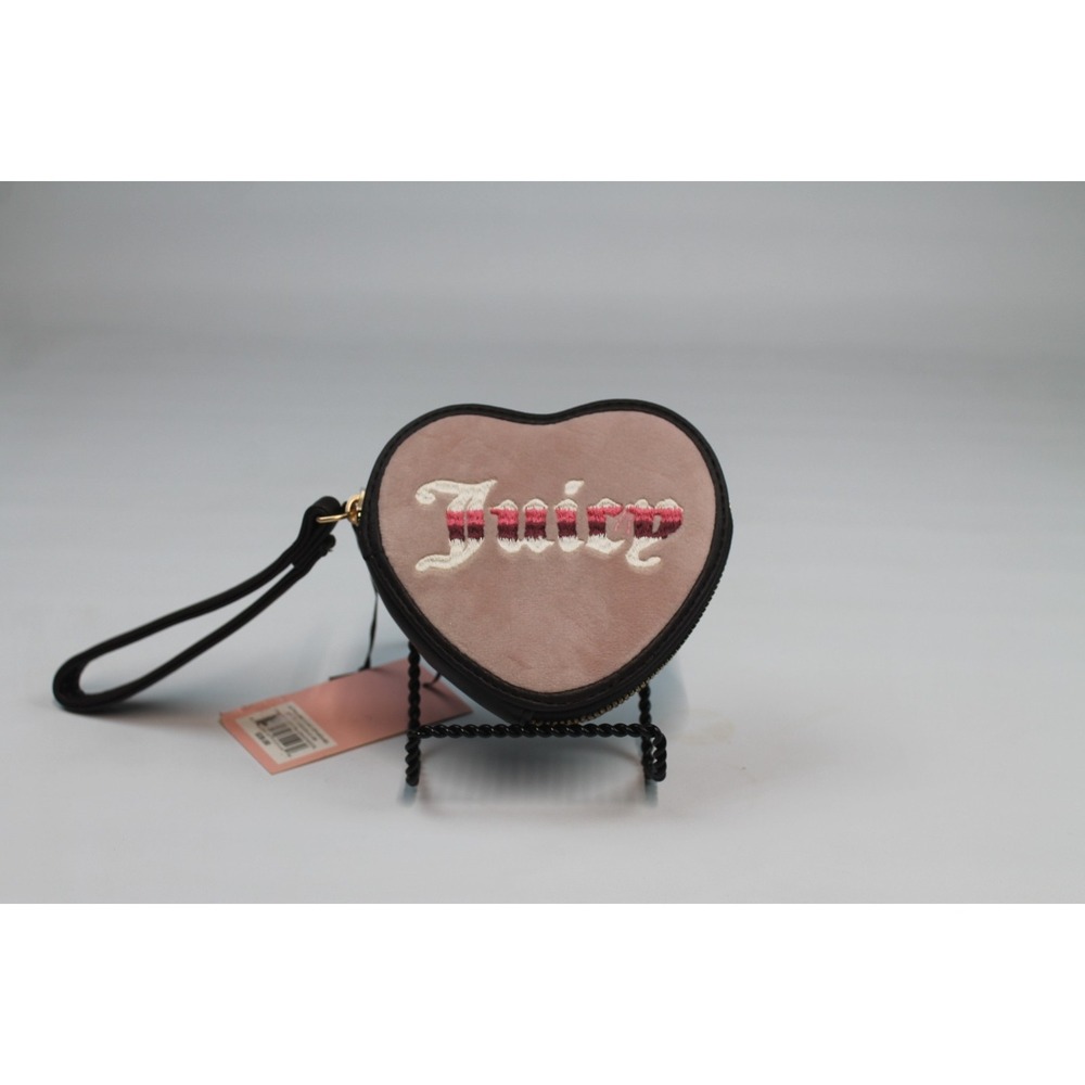 Juicy Couture Heart Wristlet Pouch Black Pink Gothic Logo Monogram Zip Coin Bag